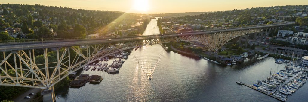 Aurora Bridge Sunset Panorama Aerial View in Seattle, Washington